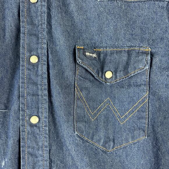 Vintage Wrangler Denim Western Shirt Mens 17.5 35 X-Long Tails Pearl Snap USA - Picture 5 of 15